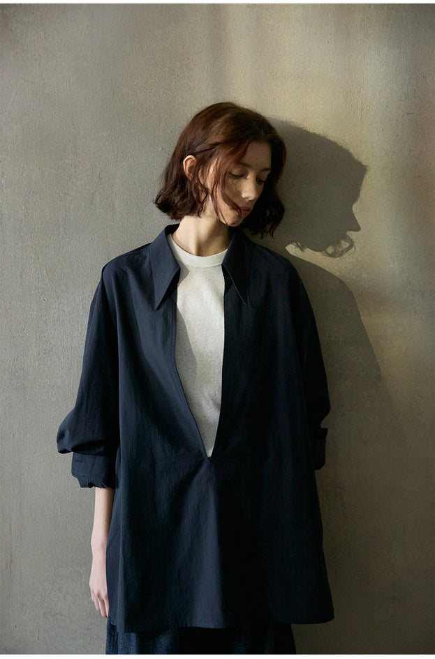 Combed Cotton V-neck Casual Loose Commuter Women Blouse