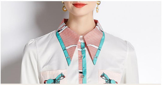 Long-Sleeved Shirt Two-Piece  Vintage Printed Fashion Temperament Skirt Suit