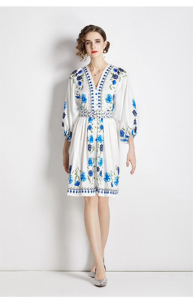 Vintage Fashion Printed Dress Temperament Slim Elegant V-Neck A-Line Skirt
