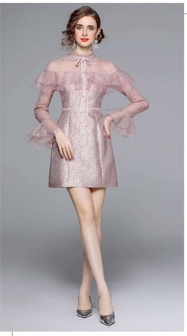 Fashion Vintage Gauze Embroidery Splicing Long-Sleeved Skirt Dress
