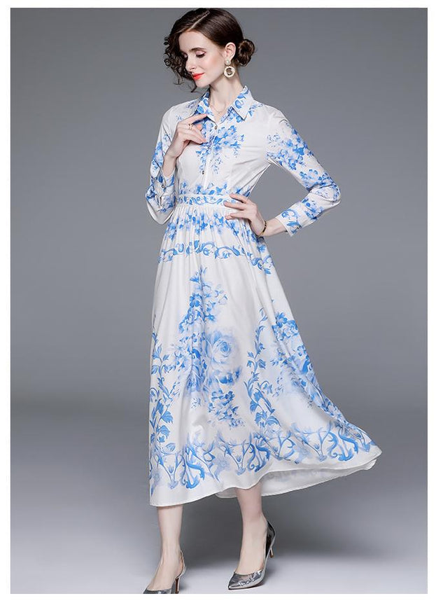 Fashion Retro Blue and White Porcelain Print Slim Lapel Dress Long-Sleeved Long Skirt