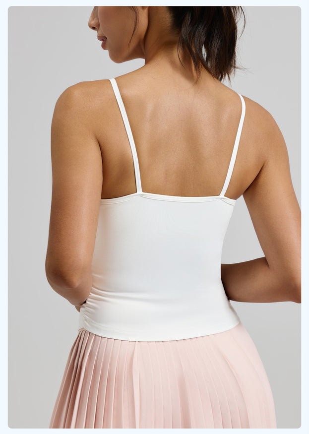 Waist-Closing Pleated Sports Top with Built-in Cups