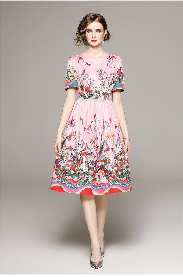 Fashion Garden Style Flower Print Short Sleeve Dress with Lining Cloth