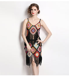 Embroidery Tassel Knitted Hook Flower Suit Female Suspender Top and Sexy Short Skirt Two-Piece Set