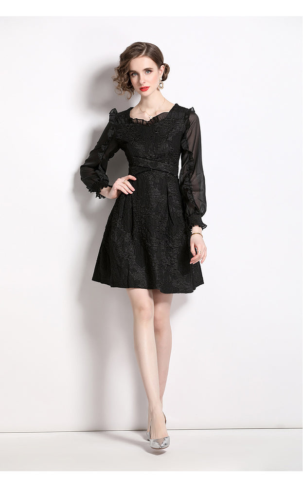 Fashion Show Slim Patchwork Receive Waist Temperament Peplum Long-Sleeved Jacquard Dress