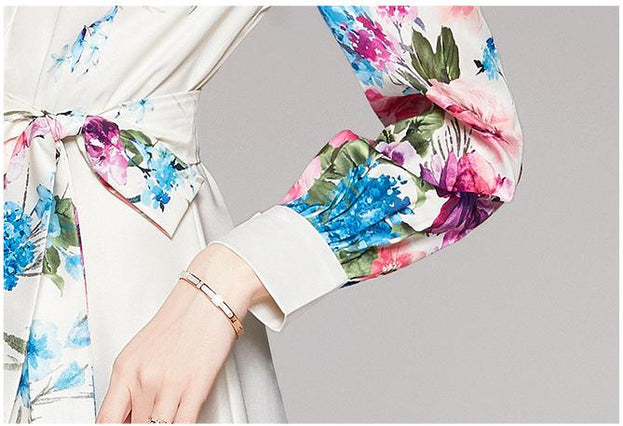 Fashion Waist-Close Thin Belt Positioning Printed Dress