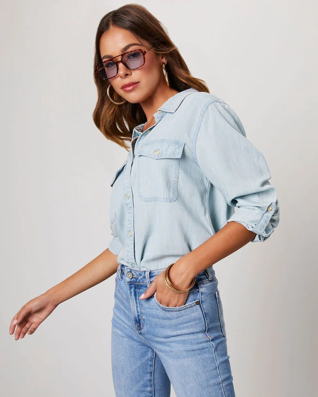 Fashion Casual Versatile Loose Polo-Neck Long Sleeve Denim Blouse for Women