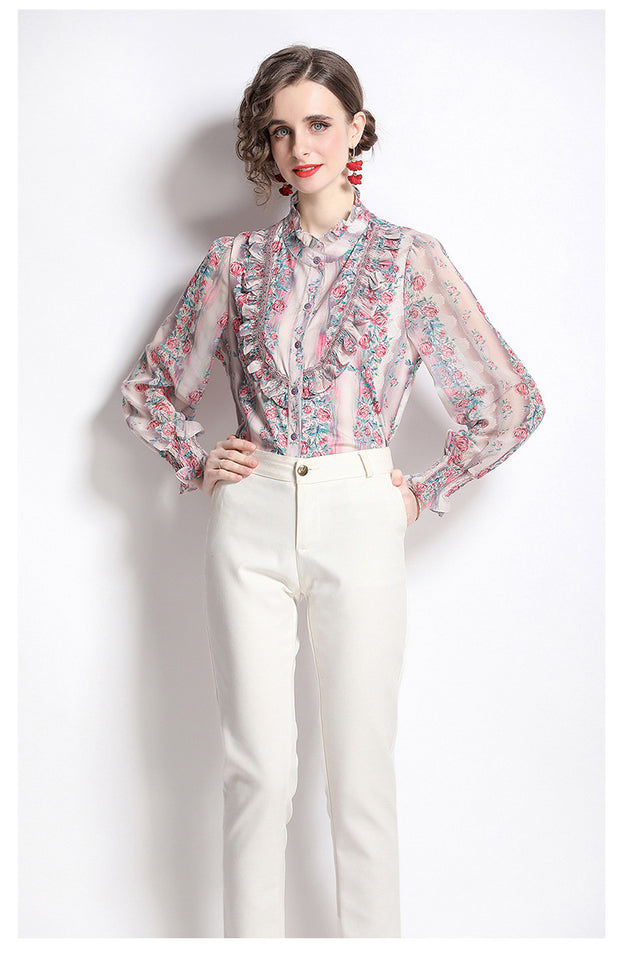 Vintage Printed Stand Collar Long Sleeve Top With Wooden Ear Edge