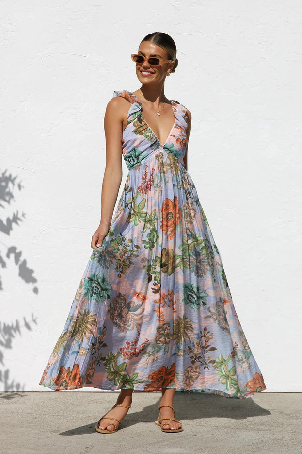 Summer Printed V-Neck Waisted Flowy Holiday-Style Slip Dress for Women