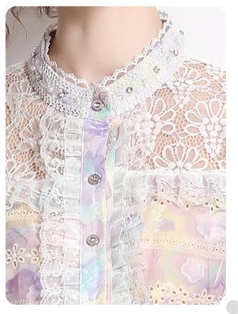 Fashion Printed Embroidery Patchwork Lace Lace Long-Sleeved Shirt Half Skirt Suit Skirt