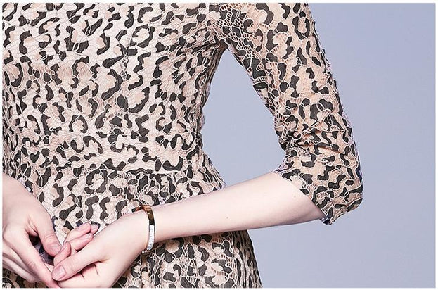 Vintage Leopard Print Lace Seven-Point Sleeve Slim MIDI Dress