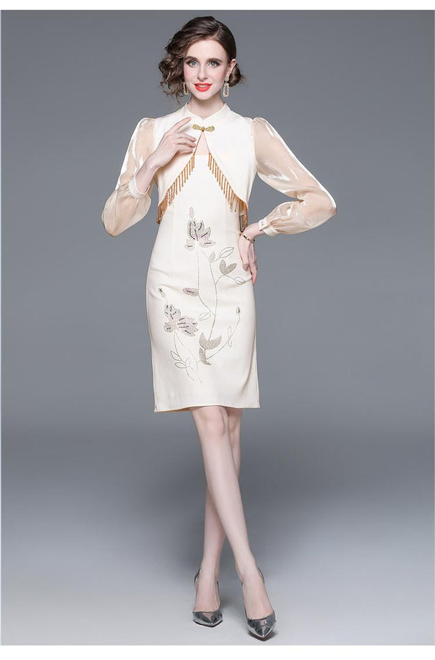 Fashion Temperament Chinese Retro Waist Slimming Long-Sleeved Dress