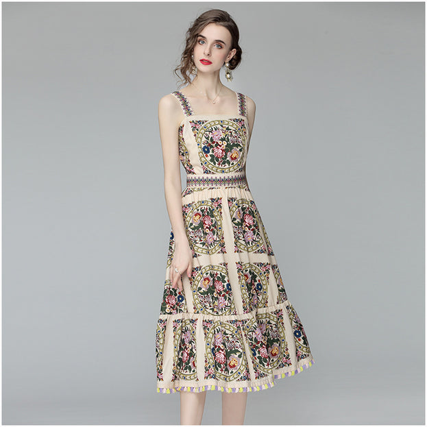 Tassel Suspender Dress Women's Summer New Women's Fashion Printed Slimming Large Swing Skirt