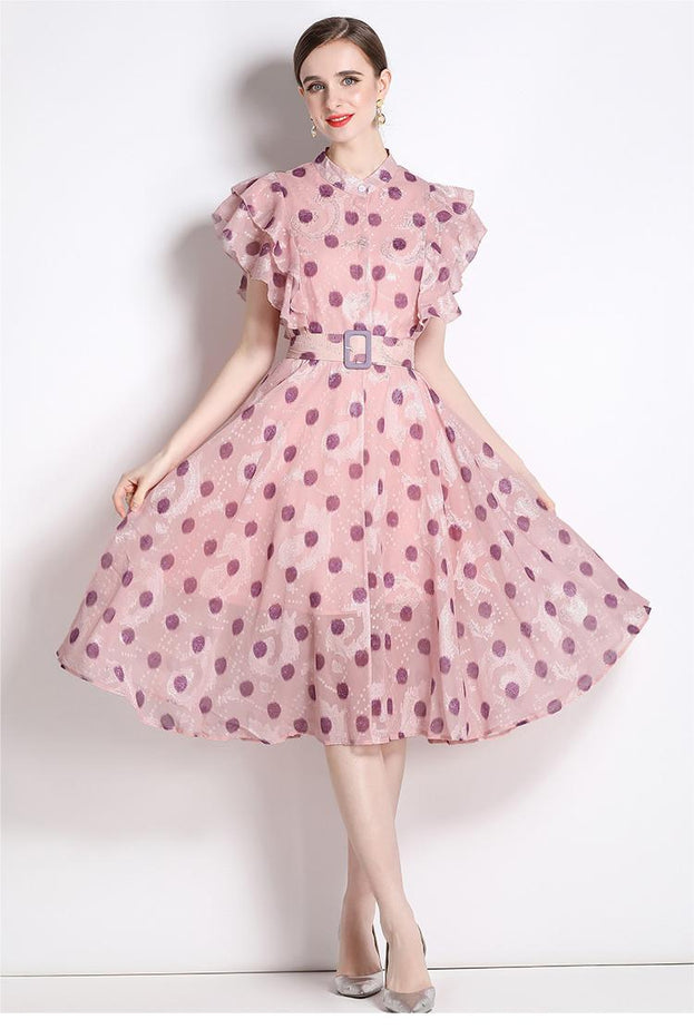 Wave Point Stand-Up Collar Lotus Leaf Sleeve Closed Waist Large Swing Temperament MIDI Dress