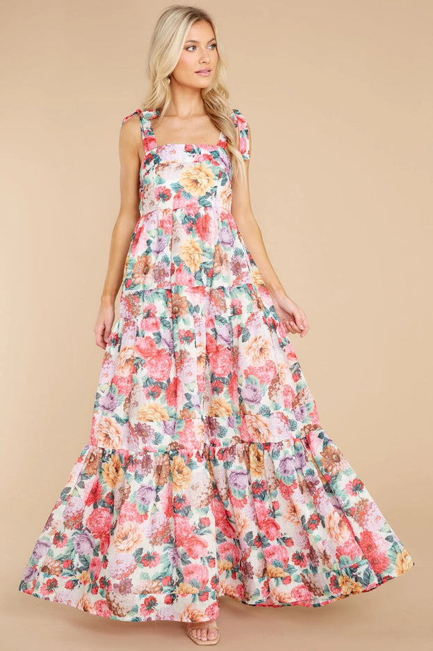 Summer Elegant Sweet Printed Waisted Long Slip Dress for Women