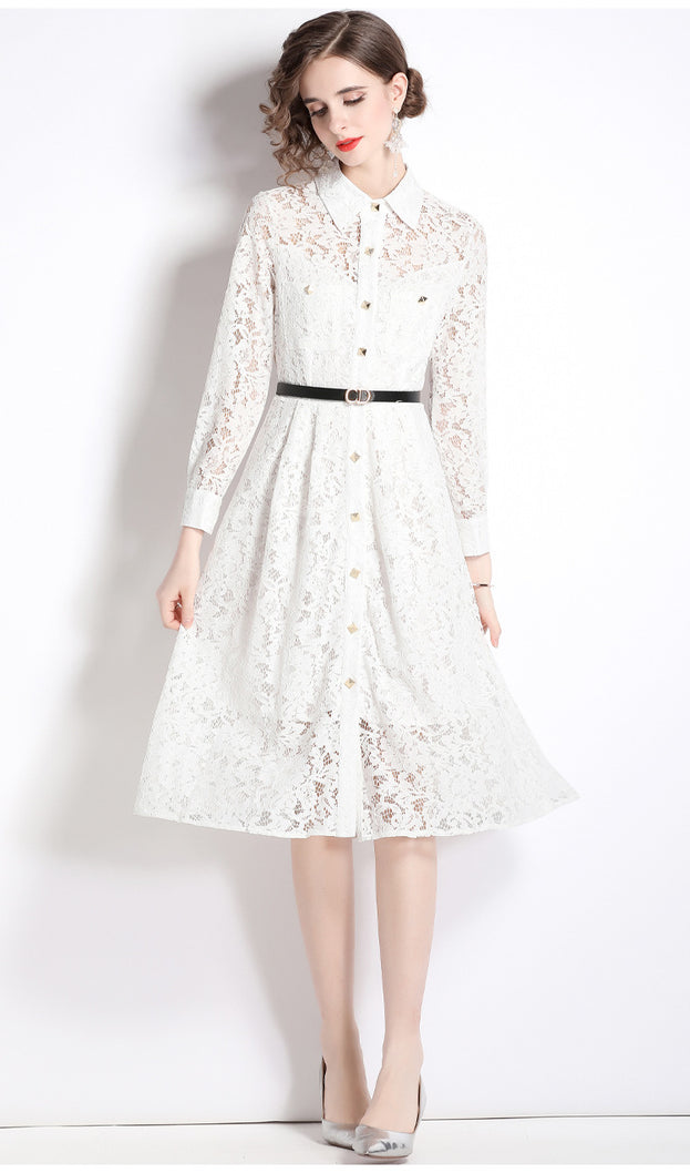Long-Sleeved Lace Hem Pressed Pleated Metal Buckle Decoration Hollowed Out Mid-Length Dress