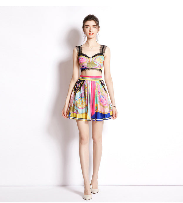 Spring/Summer Resort Print Pleated Skirt and Lace Patchwork Top Suit