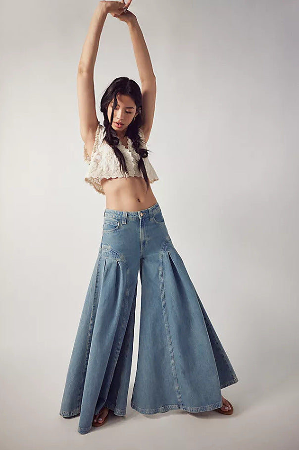 Fashion Casual Vintage-Style Middle-Waist Wide-Leg Denim Pant for Women