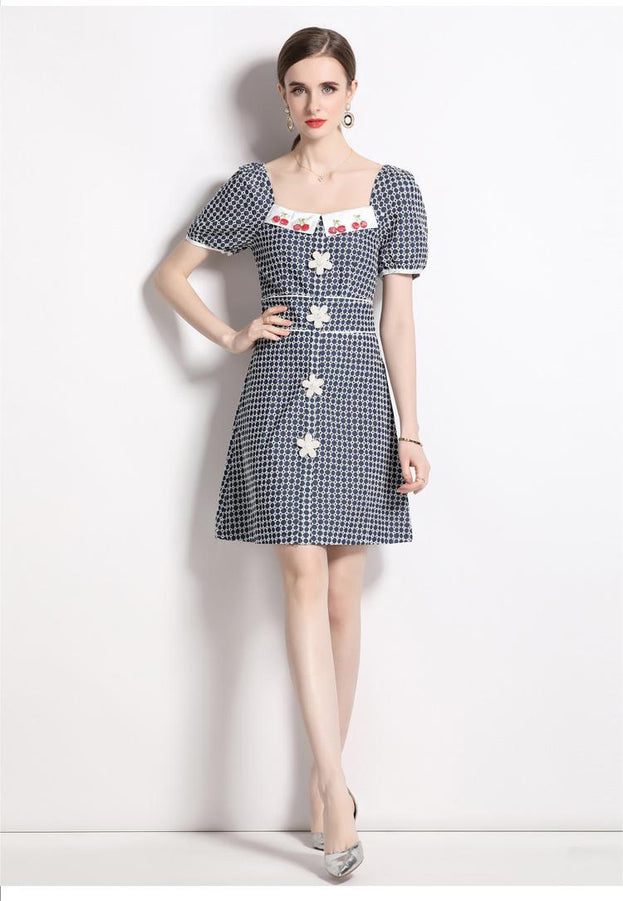 Temperament Fashion Vintage Square Neck Bubble Sleeve Embroidered Denim Skirt Dress