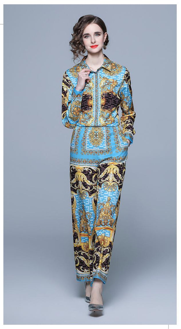 French Retro Palace Print Long-Sleeved Shirt Wide-Leg Pants Suit Women's Two-Piece Autumn Clothes New