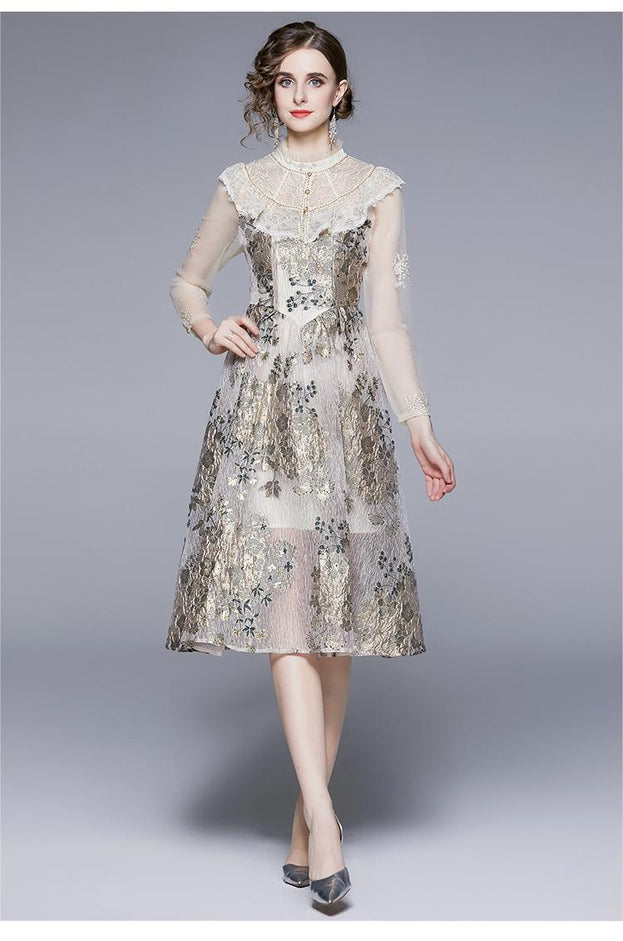 Fashion Retro Long-Sleeved Mesh Stitching Large Swing Mid-Length Dress