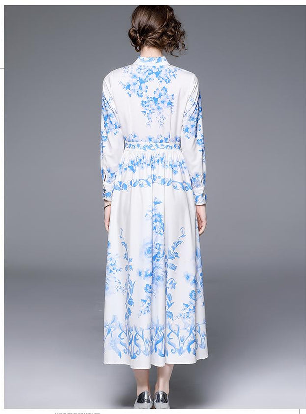 Fashion Retro Blue and White Porcelain Print Slim Lapel Dress Long-Sleeved Long Skirt