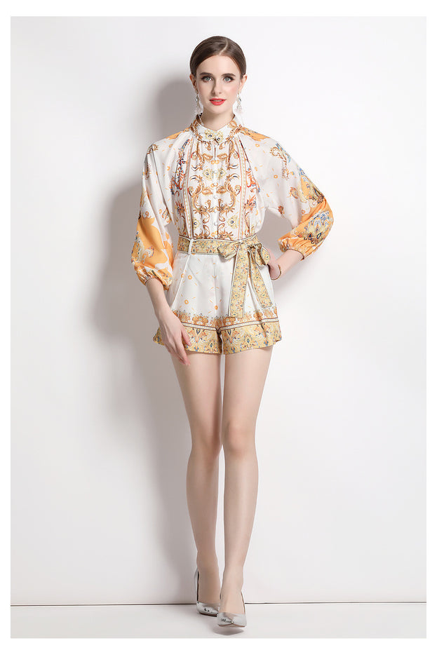 Women's Loose Long Sleeve Printed Shirt and Shorts Two Piece Suit