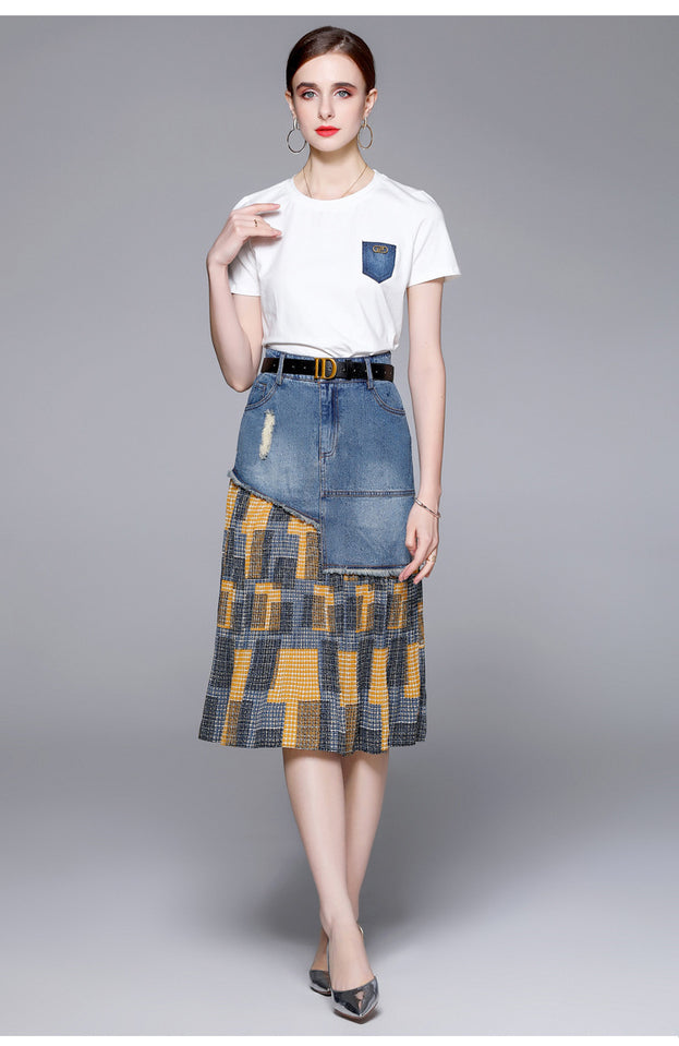 New Women's Crew Neck Short Sleeve T-shirt and Temperament Fashion Ftitching Denim Skirt Two-Piece Suit