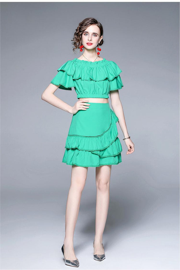 One Line Shoulder Wipe Chest Top and A Line Half Skirt Net Red Two-Piece Set