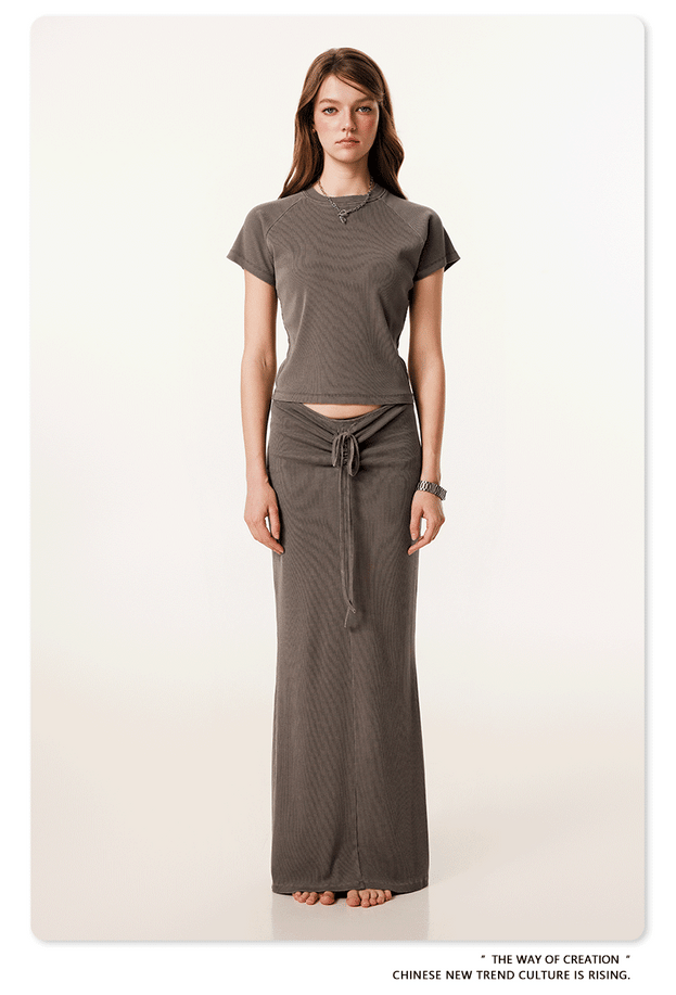 Summer Retro Round-neck Short-sleeved Crop Navel Maillard Color TOP
