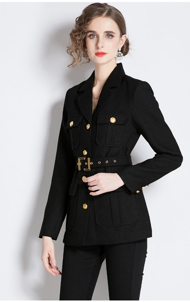 Female Heavy Industry Design Sense Large Lapel Black Blazer and Pant Suits