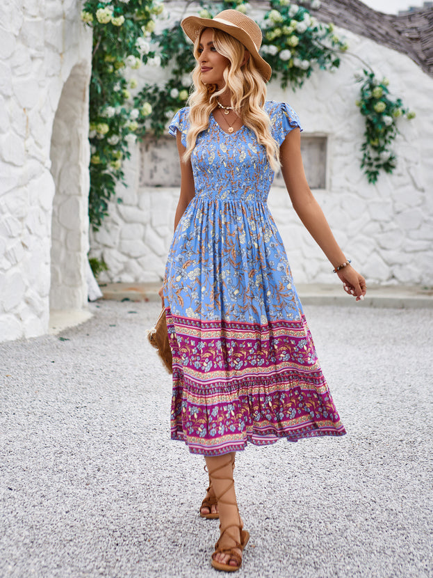 Summer Casual Printed Waisted Loose Boho Long Holiday-Style Dress for Women