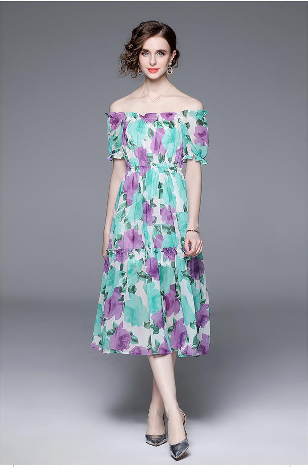Seaside Resort Print Peplum One-Line Neck MIDI Dress