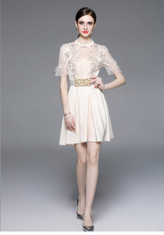 Beaded Stitching Lace High Waist Slim Temperament Slim Short Skirt Dress