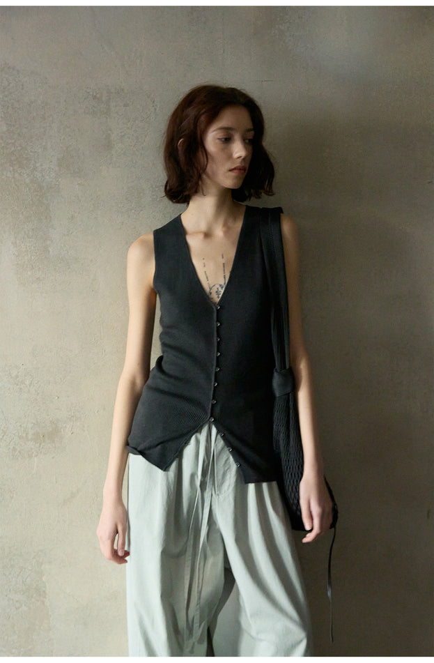 Wool Blend Button Stylish Commuter Patchwork Knitted Women's Top