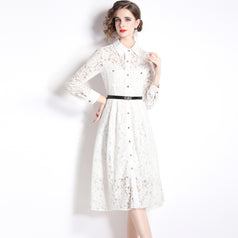 Long-Sleeved Lace Hem Pressed Pleated Metal Buckle Decoration Hollowed Out Mid-Length Dress