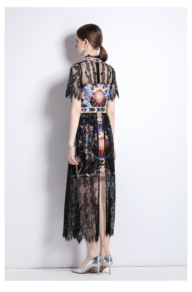 Vintage Temperament Lace Patchwork Printed Stand Collar Short Sleeve Long Skirt Dress