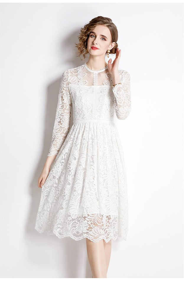 Lace Slim Lace Dress Temperament Show Thin Long Sleeve A-Line MIDI Skirt