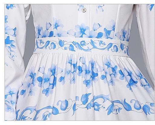 Fashion Retro Blue and White Porcelain Print Slim Lapel Dress Long-Sleeved Long Skirt