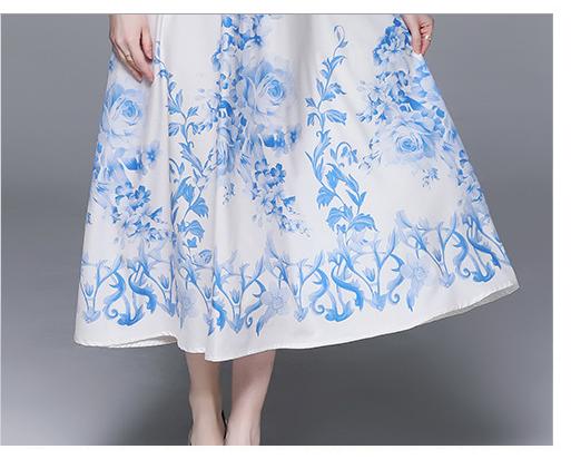 Fashion Retro Blue and White Porcelain Print Slim Lapel Dress Long-Sleeved Long Skirt