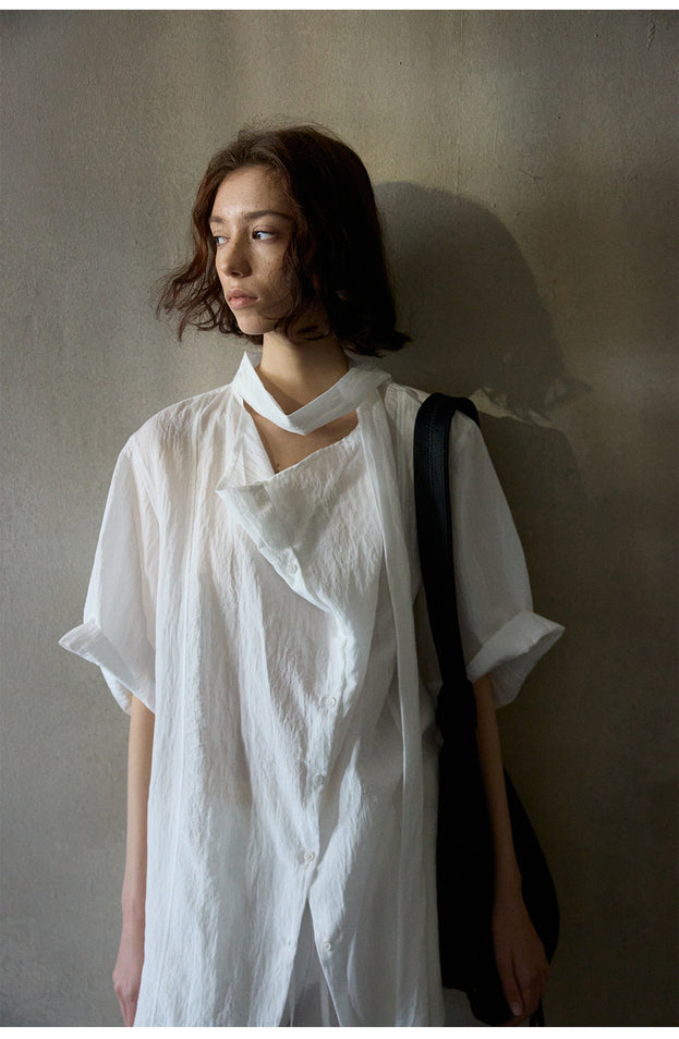 Tencel Ribbon Swing Collar Short-Sleeved Shirt, Soft Women's Blouse