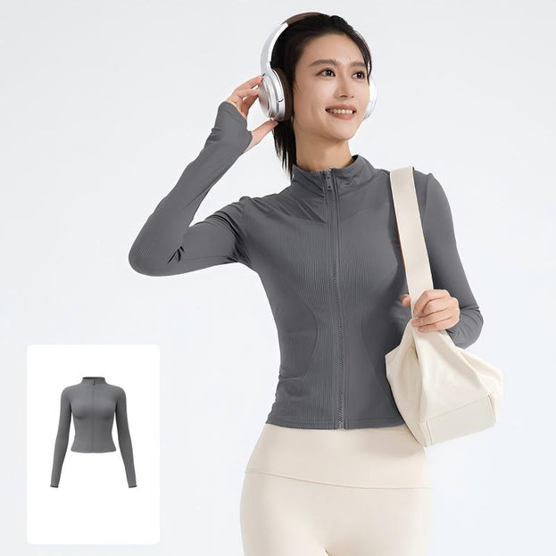 Slim-Fit Slimming Stand-Collar Striped Yoga Jacket for Women