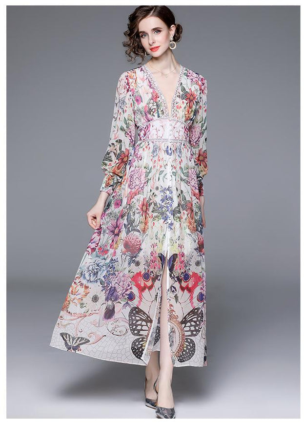 Early Spring Holiday V-neck Long Sleeve Printed Dress