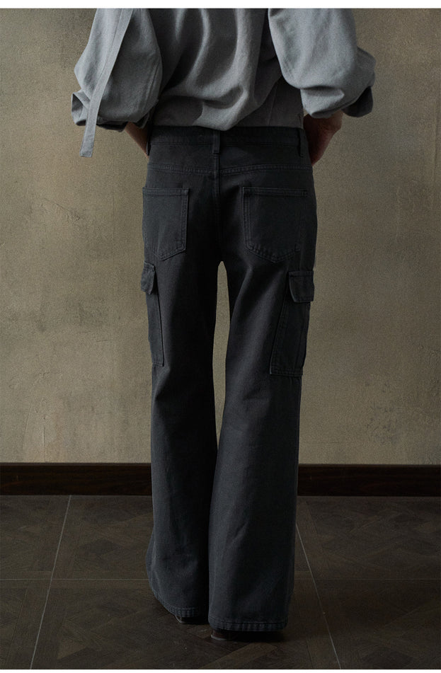 Trendy And Retro Denim Workwear Flared Pants, Mid-waist  Casual Women's Pant