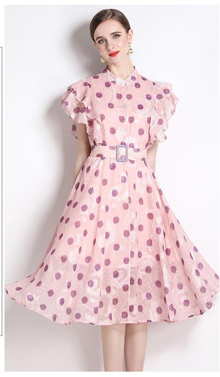 Wave Point Stand-Up Collar Lotus Leaf Sleeve Closed Waist Large Swing Temperament MIDI Dress