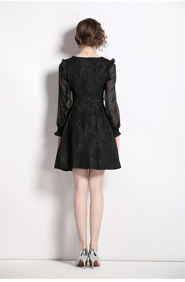 Fashion Show Slim Patchwork Receive Waist Temperament Peplum Long-Sleeved Jacquard Dress