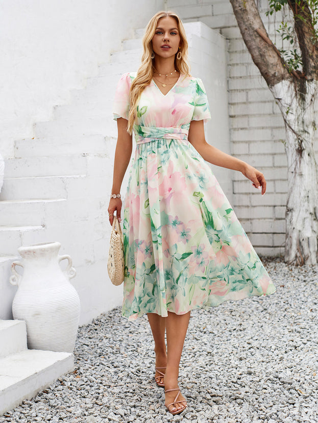 Summer Printed V-Neck Waisted Short Sleeve Holiday-Style Dress for Women