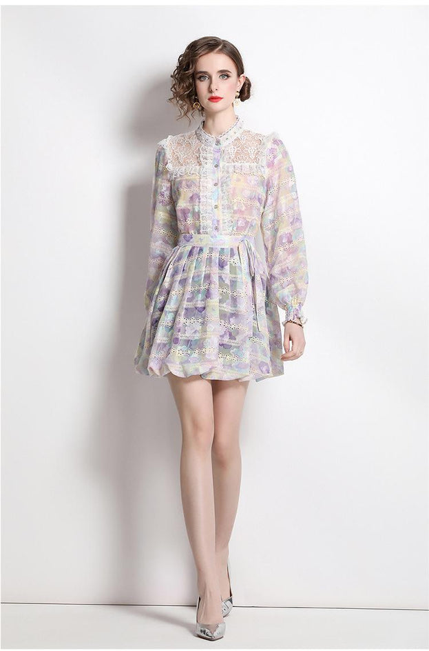 Fashion Printed Embroidery Patchwork Lace Lace Long-Sleeved Shirt Half Skirt Suit Skirt
