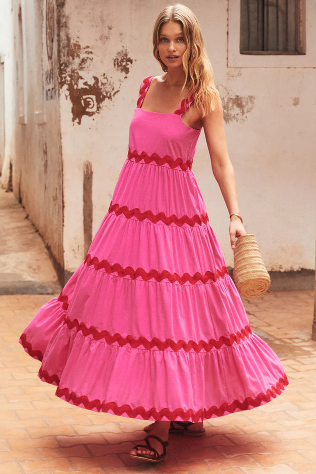 Summer Casual Square-Neck Colour-Blocking Loose Long Slip Dress for Women