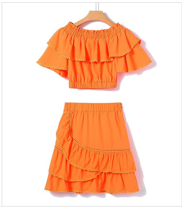 One Line Shoulder Wipe Chest Top and A Line Half Skirt Net Red Two-Piece Set